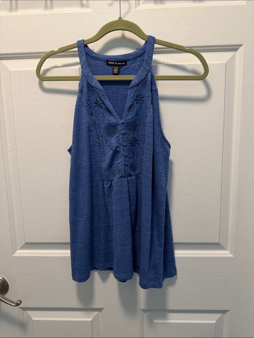 Cable & Gauge Periwinkle Embroidered Button-Front Tank